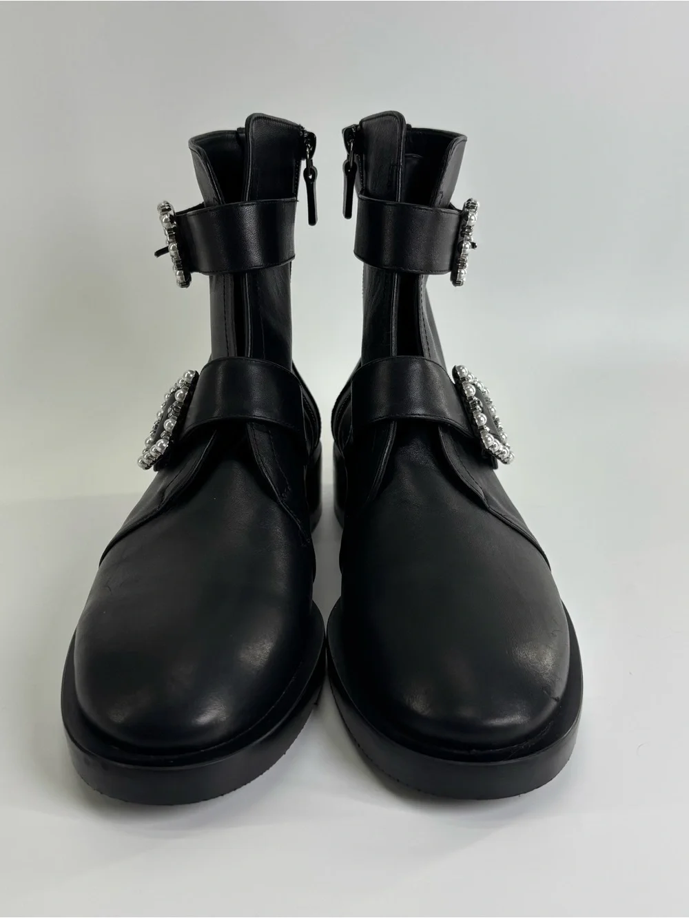 Stuart Weitzman Ryder boots 9 black Geo Buckle Pearl Crystal